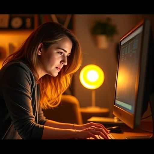 Foto de Maria Souza, roteirista, concentrada em seu trabalho em frente ao computador.