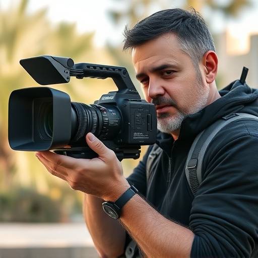 Foto de Pedro Almeida, cinegrafista, segurando uma câmera profissional.
